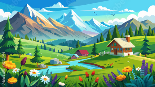  very Beautiful Idyllic landscape in the Alps with green meadows and flowers