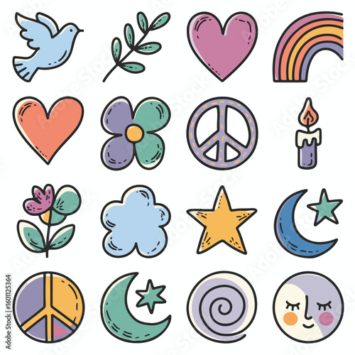 Vibrant retro icons bring peace, love, and positive vibes to your designs
