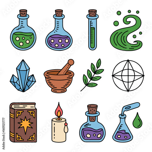 Unlock ancient magic with mystical potions, crystals, and spellbook icons