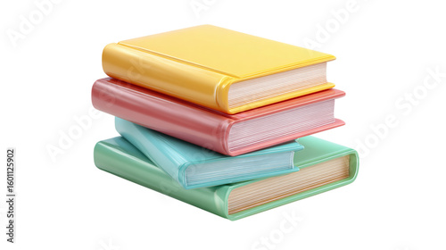 3D stack of closed books icon, educational materials in cartoon plastic style, isolated on transparent background 