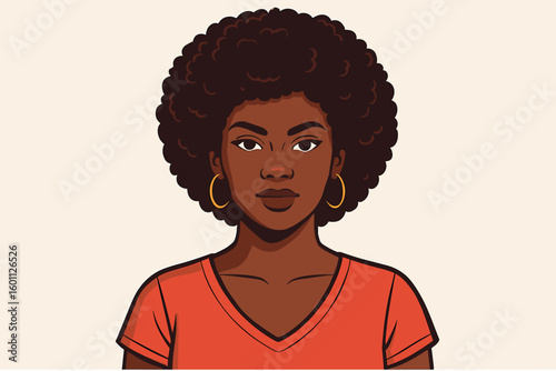 Confident black woman with afro hair portrait. Vector illustration of a beautiful African American girl looking at the camera. Concept of empowerment, diversity, and pride.