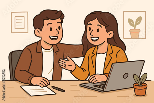 Two colleagues, a man and a woman, happily talking and working together in a modern office. Concept of teamwork, collaboration, communication, and a friendly workplace environment.