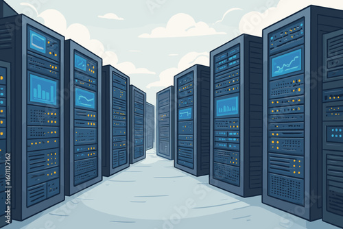 Data center server racks. Big data processing and cloud storage technology. Rows of server towers in a hosting farm for network and internet communication. Vector cartoon illustration.