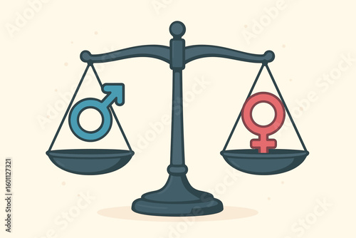 Gender equality concept vector illustration. Male and female symbols on a balanced weight scale. Social issue of equal rights, justice, and opportunities between sexes.