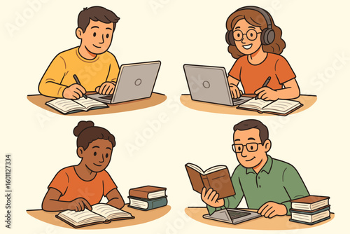 Education and training vector illustration set. Diverse adult students studying, learning online with computers and books. E-learning, webinar, and knowledge concept collection.