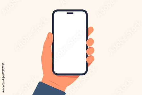 Hand holding smartphone with blank white screen. Flat design vector illustration. Mobile phone mockup template for app presentation, UI UX design. Cellphone display concept.