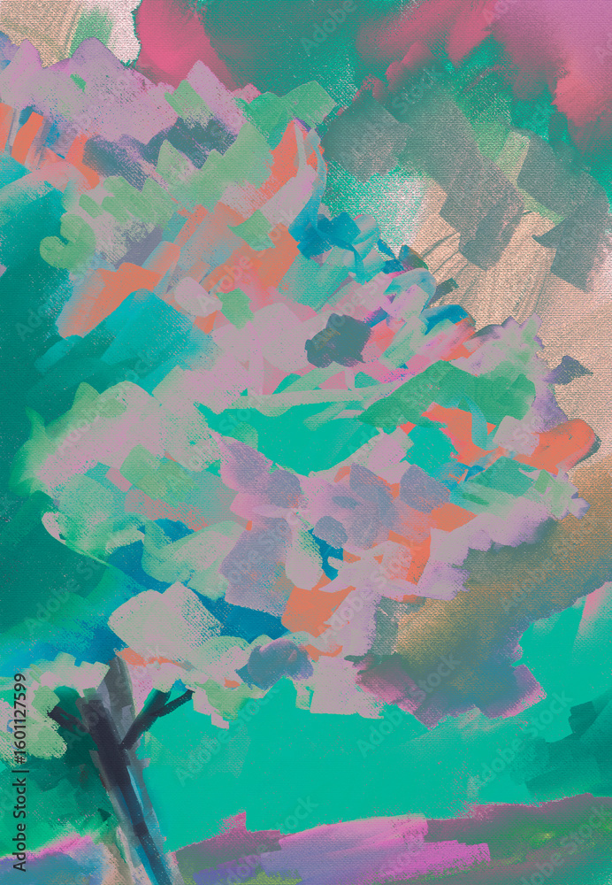 Fototapeta premium Colorful, Fun & Whimsical Tree with Personality-Digital Painting, Illustration, Design in Green, Lavender, Pink, Orange, & Teal w/Silver Gold Raku Look Accents