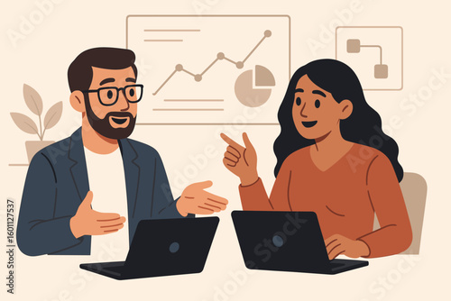 Man and woman with laptops talking and collaborating in a modern office. Teamwork concept. Colleagues discussing business strategy or project development. Data analysis. Vector.