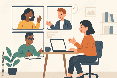 Remote Team Online Video Conference Meeting Illustration – Virtual Business Workshop, Diverse Colleagues Communication, Work from Home Collaboration, Cartoon Office Vector