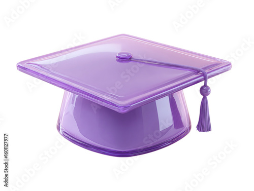 3D violet graduation cap icon in cartoon plastic style, academic achievement symbol, isolated on transparent background 
