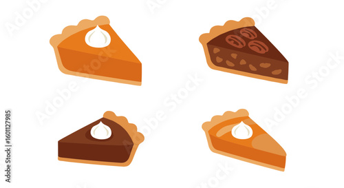 Illustration of four pie slices with different toppings on a white background