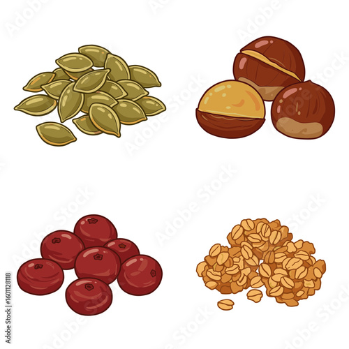 A collection of pumpkin seeds chestnuts cranberries and granola clusters