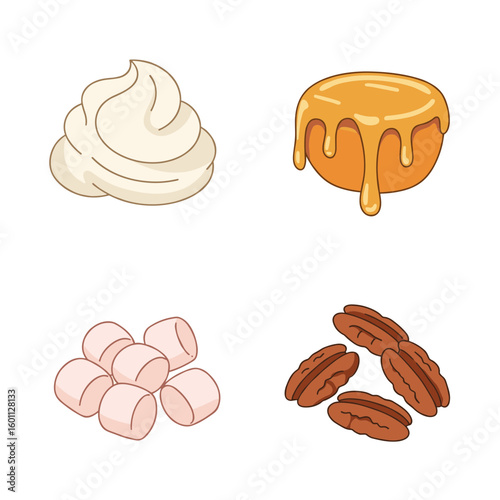Illustration of whipped cream caramel marshmallows and pecans on white background