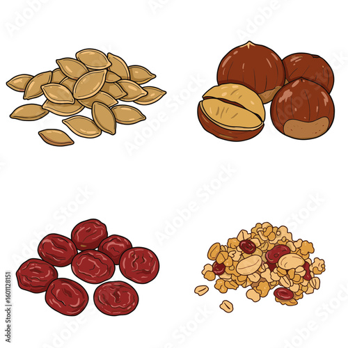Illustration of pumpkin seeds hazelnuts cranberries and granola on white