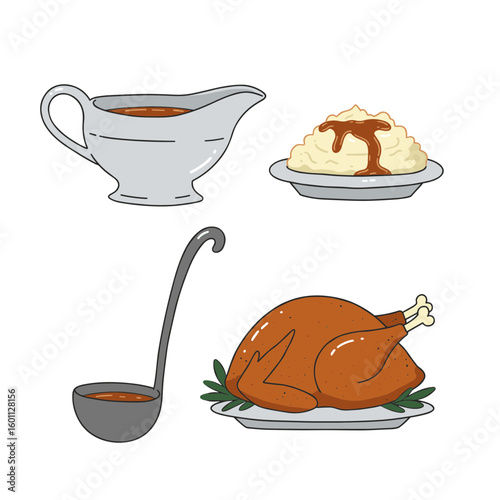 Illustration of thanksgiving dinner with turkey gravy and mashed potatoes