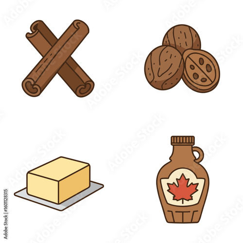 Illustration of cinnamon sticks walnuts butter and maple syrup bottle