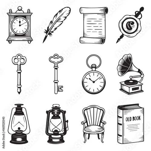 Vintage treasures unlocked discover antique clock, quill, scroll, keys, lantern, chair, book