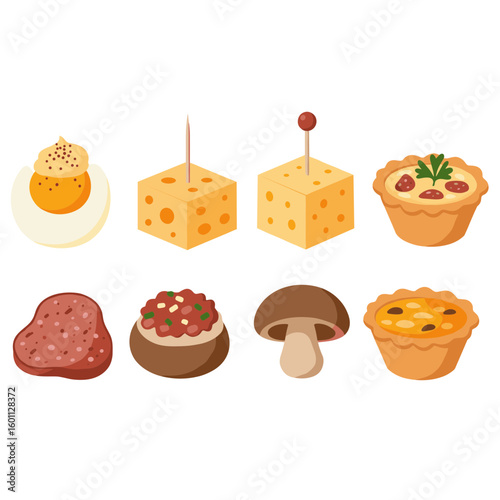 An assortment of appetizers including eggs cheese meat and mushroom tarts