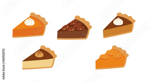 Illustration of five different slices of pie with various toppings shown