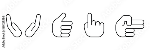 Hand gestures icon vector illustration in outline minimal style showing various finger signs for interaction, approval, direction and communication elements.