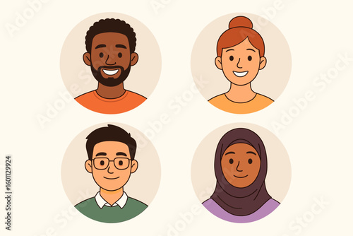 Diverse People Avatars Collection – Set of 4 Cartoon Vector Character Portraits in Round Frames, Multicultural Flat Illustration, Modern Minimal Style, No Text, Light Background
