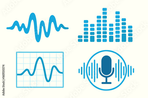 Audio Waveform and Sound Recording Elements - Set of 4 Blue Vector Icons Featuring Music Spectrum, Equalizer Bars, Voice Microphone, Sound Frequency Graphs for Music and Podcast Design