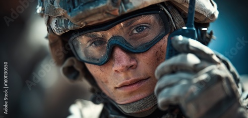 Soldier in Combat Gear Communicating via Radio