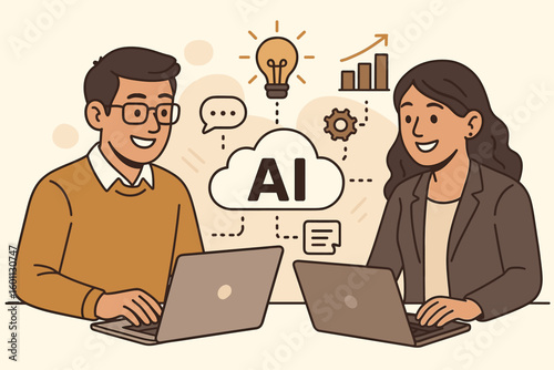 Two Professionals Using Artificial Intelligence Tools for Enhanced Productivity and Efficient Project Management on Laptops in Modern Work Environment