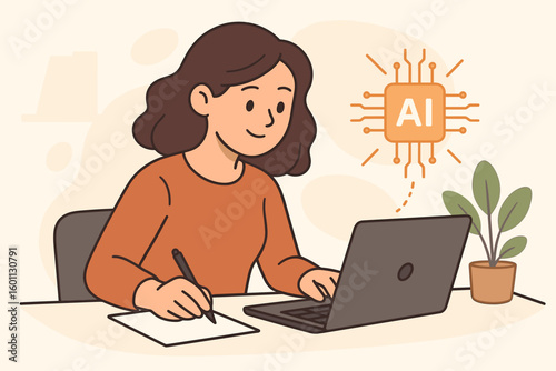 Woman Working in Office Using Laptop and Notepad with Artificial Intelligence Assistant, Modern Workspace, Productivity Technology Concept, Cartoon Vector