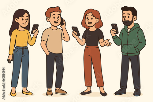 Modern Urban People Vector Illustration – Group of Four Diverse Men and Women Standing, Using Smartphones, Engaging in Conversation, Casual Clothing, Light Background
