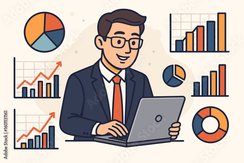 Business analytics concept with a businessman or analyst working on a laptop. Data visualization with charts and graphs for financial reporting, marketing strategy and performance.