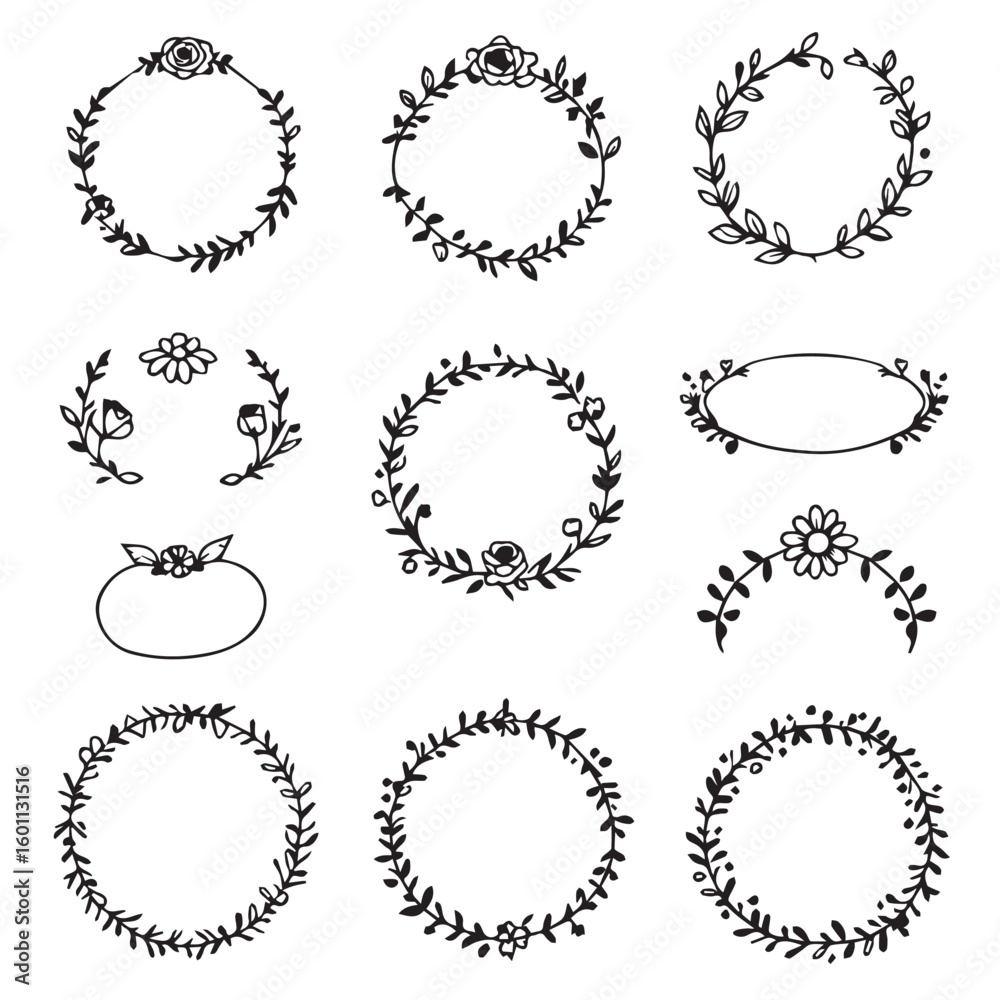 Obraz premium Charming hand-drawn floral wreath and frame designs for beautiful invitations