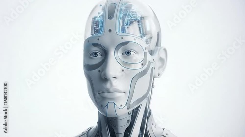 Humanoid robot with part of the skull transparent revealing chips
