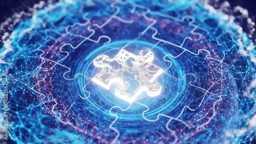 Puzzle piece fitting into digital brain, metaphor for AI solution