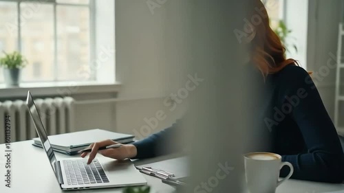 Young man in coworking space with laptop and coffee, modern setting
