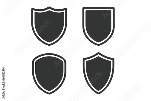 Knight shield icon set. Collection of black medieval heraldic emblems. Simple shapes for security logo, badge, or coat of arms. Vector protection symbol graphic.