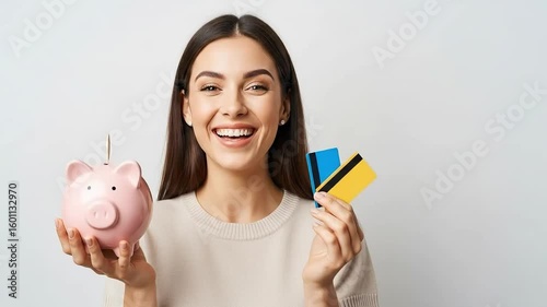 Happy woman holding piggy bank and credit cards.