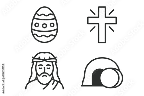 Easter icon set. Christian religious symbols. Jesus Christ, resurrection, empty tomb, cross, crown of thorns. Line art vector illustration for church and holiday design.