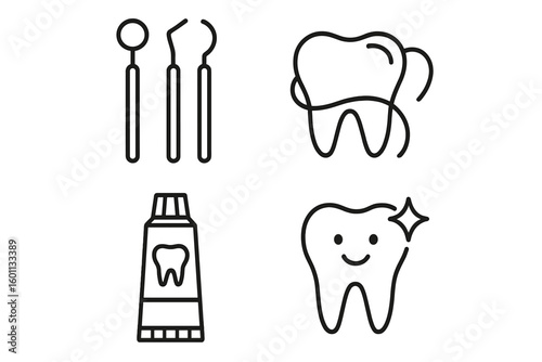 Dental care icon set. Line art illustration of oral hygiene elements. Dentist tools, toothpaste, dental floss, and healthy tooth. Vector graphic for stomatology and clinic.