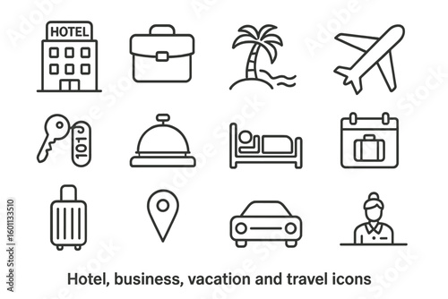 Travel and hotel service line icon set. Vacation and business trip concept symbols. Simple outline pictogram collection of airplane, car, luggage, booking, and accommodation.