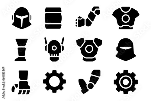 Futuristic armor icons set: minimalist robotic gear elements