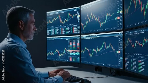 Man watching multiple screens with stock charts