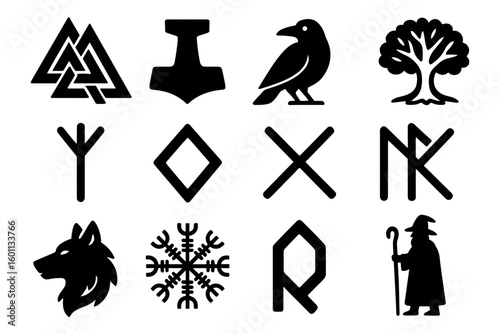 Norse mythology symbols set featuring runes and iconic silhouettes