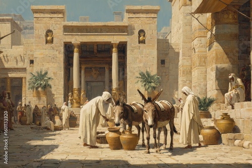 Courtyard Attendants Collect Milk Beside Calm Donkeys in Ancient Egyptian Palace
