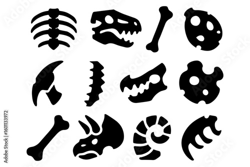 Dinosaur fossils silhouettes collection: skeletons, bones, and prehistoric icons