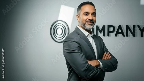 A businessman with his employment company logo
