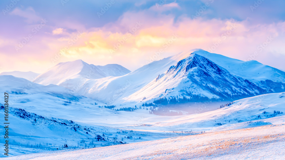 Fototapeta premium snow covered mountain landscape at sunrise