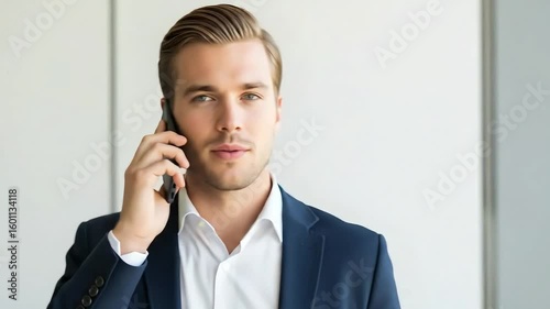 Young man talking on business call with clean background