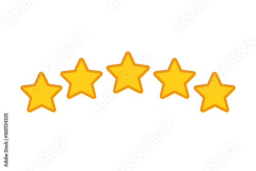Five stars rating icon for customer review. Quality feedback symbol. Golden star shape for satisfaction level, best product grade, success sign. Vector illustration.