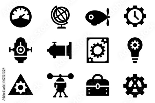 Industrial icons set: gears, clocks, and tools in bold silhouette style